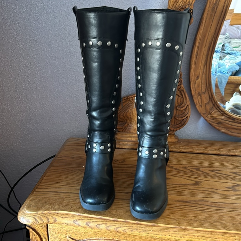 Black Studded Knee-High Boots - Picture 2 of 4